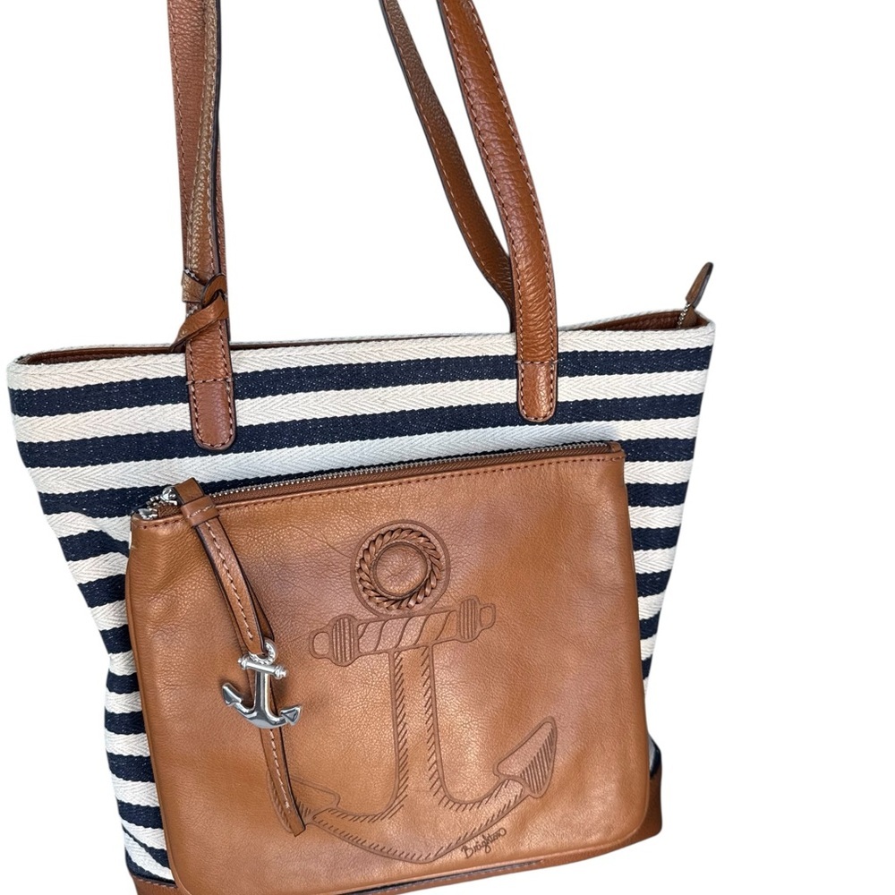 Brighton Sea to Shore Navy and White Striped Tote with Brown Anchor Accent - Picture 3 of 15